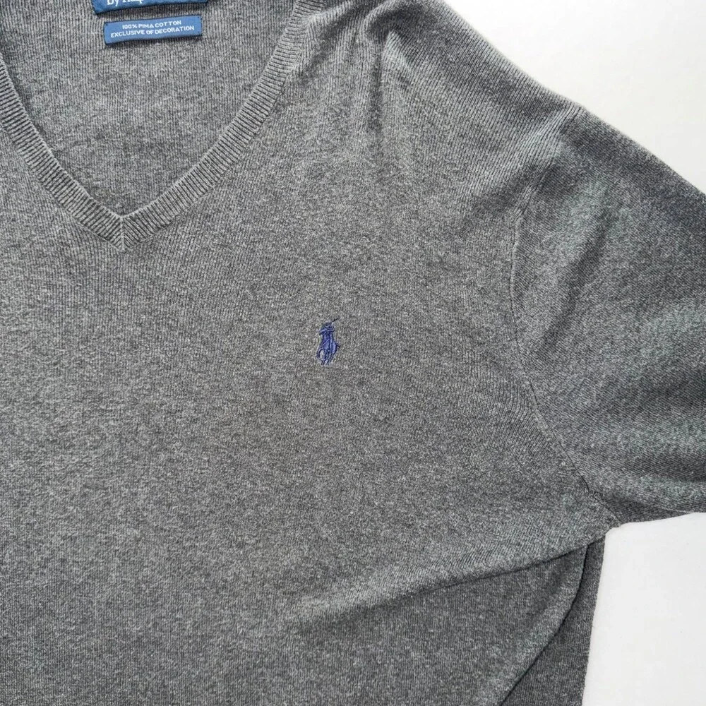 Polo Ralph Lauren Mens L Gray V Neck Sweater Knit Mem Pima Cotton Pullover vtg